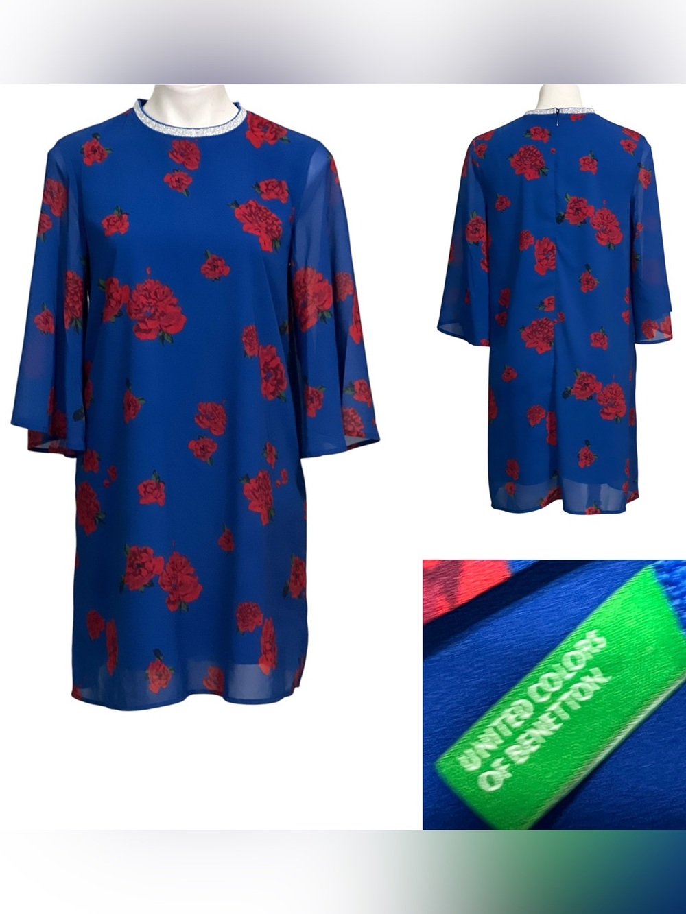 United Colors Of Benetton dress‎ sz M Blue Dress Floral Print sheer sleeve